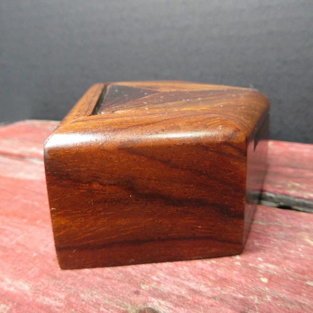 Vintage Geometric Wood Trinket Box Dark Light Brown Octagon Shape Felt Lined